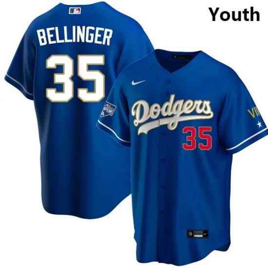 Youth Los Angeles Dodgers Cody Bellinger 35 Championship Gold Trim Blue Limited All Stitched Flex Base Jersey